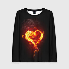 Женский лонгслив 3D с принтом Огненное сердце , 100% полиэстер | длинные рукава, круглый вырез горловины, полуприлегающий силуэт | Тематика изображения на принте: 14 февраля | heart | в подарок | горящее | день святого валентина | для влюбленных | для подарка | огненный | огонь | сердце