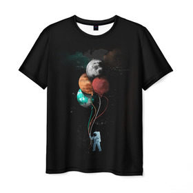 Мужская футболка 3D с принтом Космонавт с шариками , 100% полиэфир | прямой крой, круглый вырез горловины, длина до линии бедер | cat | elon | galaxy | mars | moon | musk | nasa | space | spacex | вселенная | галактика | звезды | илон | космонавт | космос | луна | марс | маск | наса | скафандр