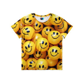 Детская футболка 3D с принтом ЖЕЛТЫЕ СМАЙЛИКИ , 100% гипоаллергенный полиэфир | прямой крой, круглый вырез горловины, длина до линии бедер, чуть спущенное плечо, ткань немного тянется | emoji | настроение | позитив | смайлики | смайлы | стикеры | текстура смайл | улыбки | фон смайл | эмодзи