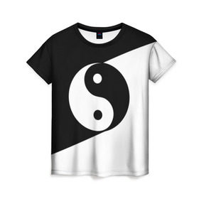Женская футболка 3D с принтом Инь - янь (#1) , 100% полиэфир ( синтетическое хлопкоподобное полотно) | прямой крой, круглый вырез горловины, длина до линии бедер | black | signs | white. | ying   yang | белый | знаки | инь   янь | чёрный