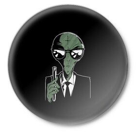 Значок с принтом Пришелец в Черном ,  металл | круглая форма, металлическая застежка в виде булавки | alien | men in black | ufo | инопланетяне | инопланетянин | люди в черном | нло | пришелец | пришельцы