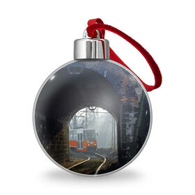 Ёлочный шар с принтом Трамвай , Пластик | Диаметр: 77 мм | rails | railway | tram | trees | tunnel | деревья | железная дорога | рельсы | тоннель | трамвай