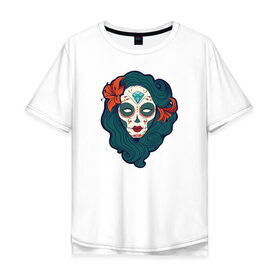 Мужская футболка хлопок Oversize с принтом Мексиканский сахарный череп , 100% хлопок | свободный крой, круглый ворот, “спинка” длиннее передней части | day of the dead | dia de los muertos | gothic | halloween | skull | sugar skull | готика | день мертвых | женский череп | мексиканский череп | мистика | подарок | сахарный череп | хэллоуин