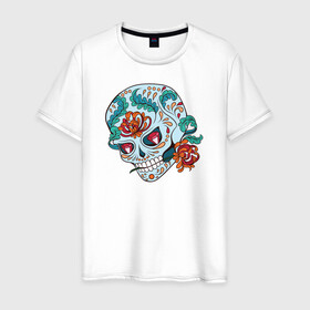 Мужская футболка хлопок с принтом Череп с цветами , 100% хлопок | прямой крой, круглый вырез горловины, длина до линии бедер, слегка спущенное плечо. | Тематика изображения на принте: 8 марта | day of the dead | gothic | halloween | skull | sugar skull | день мертвых | женский череп | мексиканский череп | новый год | подарок | сахарный череп | хэллоуин | человек | череп девушки