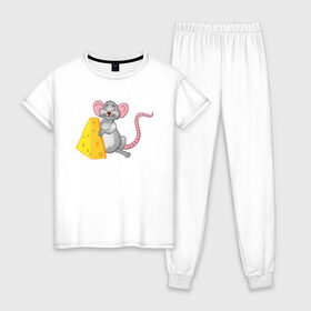 Женская пижама хлопок с принтом Мышка с сыром , 100% хлопок | брюки и футболка прямого кроя, без карманов, на брюках мягкая резинка на поясе и по низу штанин | 