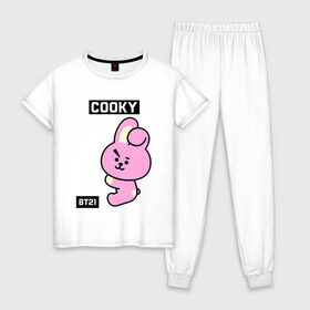 Женская пижама хлопок с принтом COOKY BT21 , 100% хлопок | брюки и футболка прямого кроя, без карманов, на брюках мягкая резинка на поясе и по низу штанин | Тематика изображения на принте: bt21 | bts | chimmy | cooky | koya | love yourself. | mang | rj | shooky | tata | бт21 | бтс