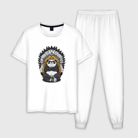 Мужская пижама хлопок с принтом King Panda , 100% хлопок | брюки и футболка прямого кроя, без карманов, на брюках мягкая резинка на поясе и по низу штанин
 | Тематика изображения на принте: 2019 | kin | panda | золото | король | мода | панда | стиль | тренд