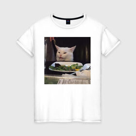 Женская футболка хлопок с принтом мемная картинка с котом , 100% хлопок | прямой крой, круглый вырез горловины, длина до линии бедер, слегка спущенное плечо | кот | котэ | кошка | мем | прикол | фотография