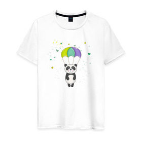 Мужская футболка хлопок с принтом Панда на парашюте , 100% хлопок | прямой крой, круглый вырез горловины, длина до линии бедер, слегка спущенное плечо. | панда | панда на парашюте | рисунок | сердечки