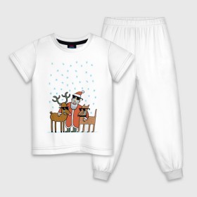 Детская пижама хлопок с принтом THE HATTERS: Дед Мороз не показывает слёз , 100% хлопок |  брюки и футболка прямого кроя, без карманов, на брюках мягкая резинка на поясе и по низу штанин
 | Тематика изображения на принте: hatters | дед мороз | джипси | музыченко | новый год | олень | рождество | рок | ска | снег | снежинки | фолк | шляпники
