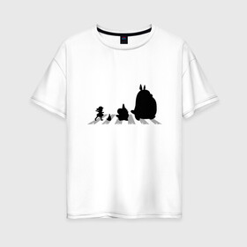 Женская футболка хлопок Oversize с принтом Totoro Beatles , 100% хлопок | свободный крой, круглый ворот, спущенный рукав, длина до линии бедер
 | Тематика изображения на принте: abbey road | beatles | forest | friend | ghibli | japan | keeper | miyazaki | music | nature | neigbor | neighbo | rock | totoro | анимация | аниме | битлз | гибли | друг | животные | лес | любовь | милый | мир | миядзаки | музыка | мульт | мультфильм | п