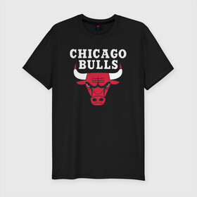 Мужская футболка хлопок Slim с принтом CHICAGO BULLS , 92% хлопок, 8% лайкра | приталенный силуэт, круглый вырез ворота, длина до линии бедра, короткий рукав | bulls | chicago | chicago bulls | nba | red bulls | usa | америка | быки | нба | сша | чикаго буллс