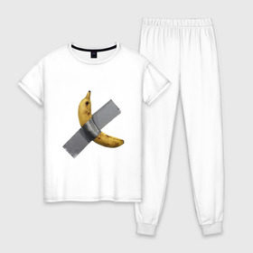 Женская пижама хлопок с принтом Банан за 120 тысяч долларов , 100% хлопок | брюки и футболка прямого кроя, без карманов, на брюках мягкая резинка на поясе и по низу штанин | art basel | banan | mem | memas | meme | мем | мемас | мемчик