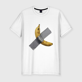 Мужская футболка хлопок Slim с принтом Банан за 120 тысяч долларов , 92% хлопок, 8% лайкра | приталенный силуэт, круглый вырез ворота, длина до линии бедра, короткий рукав | art basel | banan | mem | memas | meme | мем | мемас | мемчик