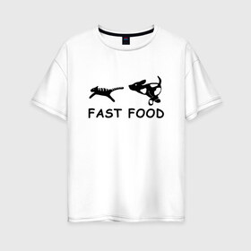 Женская футболка хлопок Oversize с принтом Fast food (черный) , 100% хлопок | свободный крой, круглый ворот, спущенный рукав, длина до линии бедер
 | fast food | бег | быстрая еда | быстро | догнать | домашние животные | животные | забавные животные | кот | кот и пес | кошка | ловить | любителю собак | пес | преследовать | прикол | смешное