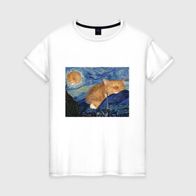 Женская футболка хлопок с принтом Звёздная ночь и коты , 100% хлопок | прямой крой, круглый вырез горловины, длина до линии бедер, слегка спущенное плечо | арт | ван гог | животные | звёздная ночь | искусство | картина | котик | коты | кошка | мем | прикол | смешная картинка | юмор