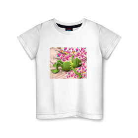 Детская футболка хлопок с принтом Кермит и сердечки , 100% хлопок | круглый вырез горловины, полуприлегающий силуэт, длина до линии бедер | интернет мем | кермит | любовь | мем | персонаж | прикол | сердечки | сердца | улица сезам