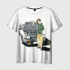 Мужская футболка 3D с принтом Initial D Takumi & Toyota AE 86 , 100% полиэфир | прямой крой, круглый вырез горловины, длина до линии бедер | ae 86 | anime | car | fujiwara | initial d | japan | jdm | levin | stance | takumi | toyota | trueno | автомобили | аниме | гонки | инициал д | такуми