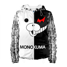 Женская куртка 3D с принтом MONOKUMA. , ткань верха — 100% полиэстер, подклад — флис | прямой крой, подол и капюшон оформлены резинкой с фиксаторами, два кармана без застежек по бокам, один большой потайной карман на груди. Карман на груди застегивается на липучку | Тематика изображения на принте: anime | bear | black  white | danganronpa | kurokuma | monodam | monokuma | monomi | monotaro | pink | rabbit | school | shirokuma | аниме | главарь | мoноми | монокума | черно белый | школа
