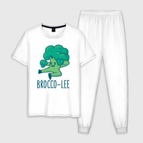 Мужская пижама хлопок с принтом Brocco Lee , 100% хлопок | брюки и футболка прямого кроя, без карманов, на брюках мягкая резинка на поясе и по низу штанин
 | broccoli | vegan | veggie | брокко ли | брокколи | брюс ли | веган | вегетарианец
