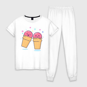 Женская пижама хлопок с принтом Мороженки , 100% хлопок | брюки и футболка прямого кроя, без карманов, на брюках мягкая резинка на поясе и по низу штанин | Тематика изображения на принте: мороженка мороженки пара вкусняшка любовь отн
