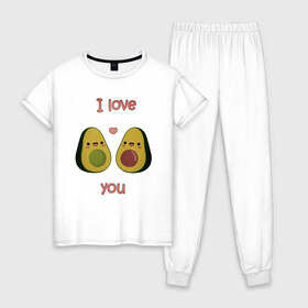 Женская пижама хлопок с принтом AVOCADO LOVE , 100% хлопок | брюки и футболка прямого кроя, без карманов, на брюках мягкая резинка на поясе и по низу штанин | avokado | авокадо