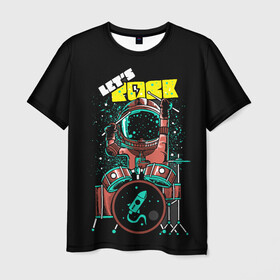 Мужская футболка 3D с принтом Lets Rock , 100% полиэфир | прямой крой, круглый вырез горловины, длина до линии бедер | Тематика изображения на принте: art | astronaut | drummer | drums | rock | rocket | space | арт | астронавт | барабанщик | барабаны | космонавт | космос | ракета | рок