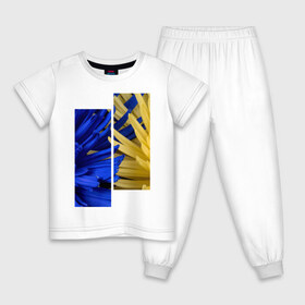 Детская пижама хлопок с принтом Украинский акцент , 100% хлопок |  брюки и футболка прямого кроя, без карманов, на брюках мягкая резинка на поясе и по низу штанин
 | Тематика изображения на принте: жёлтый | намёк | пионы | синий | украина | украинский флаг | флаг | цвет | цвет флага | цветы