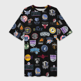 Платье-футболка 3D с принтом NBA Pattern | НБА Паттерн ,  |  | basketball | boston celtics | brooklyn nets | nba | new york knicks | philadel | toronto raptors | баскетбол | бостон селтикс | бруклин нетс | нба | нью йорк никс | спорт | торонто рэпторс | филадельфия 76ерс