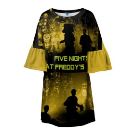 Детское платье 3D с принтом Five Nights at Freddys , 100% полиэстер | прямой силуэт, чуть расширенный к низу. Круглая горловина, на рукавах — воланы | Тематика изображения на принте: five | freddys | horror | nights | point and click | survival | игра | ночей | пять | фредди