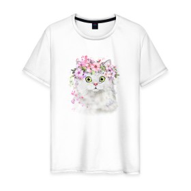 Мужская футболка хлопок с принтом Котик В Цветах , 100% хлопок | прямой крой, круглый вырез горловины, длина до линии бедер, слегка спущенное плечо. | кот | котик | котик в цветах | рисунок | цветы