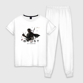 Женская пижама хлопок с принтом Ghost of Tsushima , 100% хлопок | брюки и футболка прямого кроя, без карманов, на брюках мягкая резинка на поясе и по низу штанин | game | ghost | of | tsushima | игра | монголов | самураи | японию