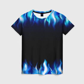 Женская футболка 3D с принтом Синий Огонь , 100% полиэфир ( синтетическое хлопкоподобное полотно) | прямой крой, круглый вырез горловины, длина до линии бедер | Тематика изображения на принте: абстракция | блеск | волны | дракон | дым | крутой | линии | неон | неоновый | ночь | огненный | огни | огонь | пламя | свет | синий | сияние | яркий