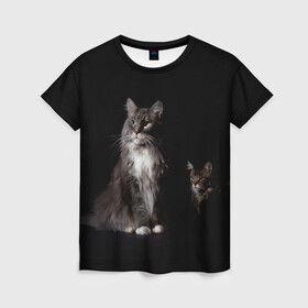 Женская футболка 3D с принтом Котики , 100% полиэфир ( синтетическое хлопкоподобное полотно) | прямой крой, круглый вырез горловины, длина до линии бедер | animal | animals | beast | black | cat | kitten | животное | животные | зверек | зверь | кот | котейка | котенок | котики | котэ | кошка | кошки | мейн кун | черная