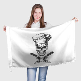 Флаг 3D с принтом Череп повар  , 100% полиэстер | плотность ткани — 95 г/м2, размер — 67 х 109 см. Принт наносится с одной стороны | глаза | кухня | ножи | повар | ресторан | череп | черный | шеф