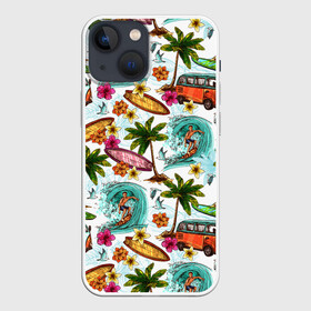Чехол для iPhone 13 mini с принтом Летнее Настроение ,  |  | Тематика изображения на принте: волны | деревья | купальник | лето | листья | море | океан | остров | отпуск | пальмы | пляж | природа | птицы | путешествие | серфинг | солнце | спорт | таиланд | тропики | туризм | цветы