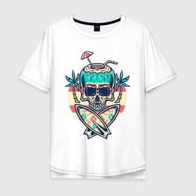Мужская футболка хлопок Oversize с принтом Skull Summer , 100% хлопок | свободный крой, круглый ворот, “спинка” длиннее передней части | art | cocktail | palm | skull | surfboards | umbrella | арт | доски для серфинга | зонтик | коктейль | пальмы | череп