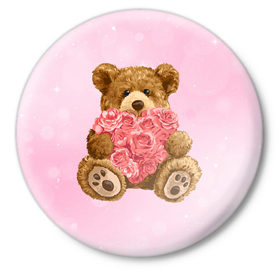 Значок с принтом Плюшевый медведь с сердечком ,  металл | круглая форма, металлическая застежка в виде булавки | Тематика изображения на принте: арт | животные | картинка | медвежонок | мишка | плюшевый медведь | рисунок | розовые цветы | розочки | розы | сердечко | сердце | сердце из роз | цветы