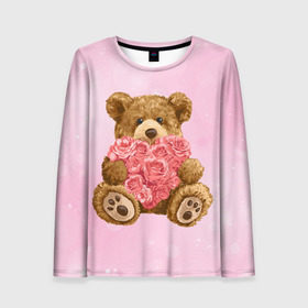Женский лонгслив 3D с принтом Плюшевый медведь с сердечком , 100% полиэстер | длинные рукава, круглый вырез горловины, полуприлегающий силуэт | арт | животные | картинка | медвежонок | мишка | плюшевый медведь | рисунок | розовые цветы | розочки | розы | сердечко | сердце | сердце из роз | цветы