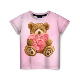 Детская футболка 3D с принтом Плюшевый медведь с сердечком , 100% гипоаллергенный полиэфир | прямой крой, круглый вырез горловины, длина до линии бедер, чуть спущенное плечо, ткань немного тянется | Тематика изображения на принте: арт | животные | картинка | медвежонок | мишка | плюшевый медведь | рисунок | розовые цветы | розочки | розы | сердечко | сердце | сердце из роз | цветы