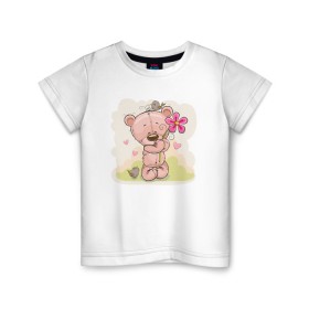 Детская футболка хлопок с принтом Милый мишка с цветочком , 100% хлопок | круглый вырез горловины, полуприлегающий силуэт, длина до линии бедер | арт | воробушек | воробьи | животные | картинка | медведь | медвежонок | мишка | плюшевый мишка | подарок | птичка | рисунок | цветок | цветочки