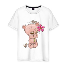 Мужская футболка хлопок с принтом Милый мишка с цветочком , 100% хлопок | прямой крой, круглый вырез горловины, длина до линии бедер, слегка спущенное плечо. | арт | воробушек | воробьи | животные | картинка | медведь | медвежонок | мишка | плюшевый мишка | подарок | птичка | рисунок | цветок | цветочки