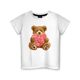 Детская футболка хлопок с принтом Плюшевый медведь с сердечком , 100% хлопок | круглый вырез горловины, полуприлегающий силуэт, длина до линии бедер | Тематика изображения на принте: арт | животные | картинка | медвежонок | мишка | плюшевый медведь | рисунок | розовые цветы | розочки | розы | сердечко | сердце | сердце из роз | цветы