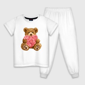 Детская пижама хлопок с принтом Плюшевый медведь с сердечком , 100% хлопок |  брюки и футболка прямого кроя, без карманов, на брюках мягкая резинка на поясе и по низу штанин
 | Тематика изображения на принте: арт | животные | картинка | медвежонок | мишка | плюшевый медведь | рисунок | розовые цветы | розочки | розы | сердечко | сердце | сердце из роз | цветы
