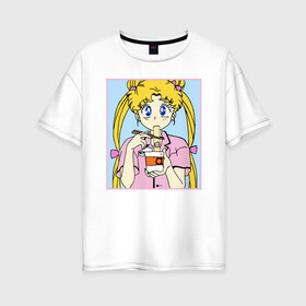 Женская футболка хлопок Oversize с принтом Sailor Moon Usagi Tsukino , 100% хлопок | свободный крой, круглый ворот, спущенный рукав, длина до линии бедер
 | anime | kawaii | manga | sailor moon | sailor senshi | usagi tsukino | аниме | воин в матроске | манга | сейлор мун | усаги цукино