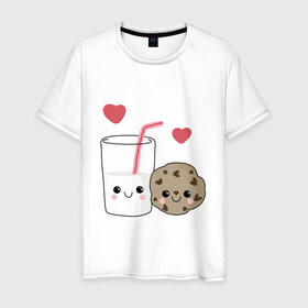 Мужская футболка хлопок с принтом Milk and Cookies Love , 100% хлопок | прямой крой, круглый вырез горловины, длина до линии бедер, слегка спущенное плечо. | coockie | friend | minimalism | дружба | любовь | минимализм | молоко | печенье | печенька | печеньки