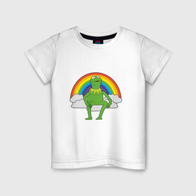 Детская футболка хлопок с принтом Лягушонок Кермит , 100% хлопок | круглый вырез горловины, полуприлегающий силуэт, длина до линии бедер | Тематика изображения на принте: rainbow | герой | животные | зелёный | кермит | лягушка | мультик | мультфильм | персонаж | радуга | улица сезам | цветной