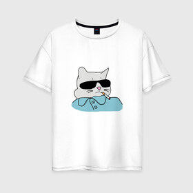 Женская футболка хлопок Oversize с принтом Крутой кот , 100% хлопок | свободный крой, круглый ворот, спущенный рукав, длина до линии бедер
 | mem | арт | животные | картинка | кот в очках | котик | кошка | мем | прикол | рисунок | смешной кот