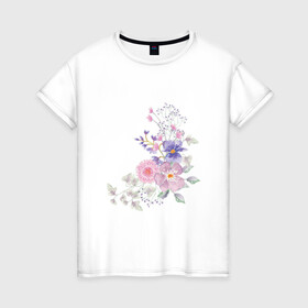Женская футболка хлопок с принтом Акварельный цветы , 100% хлопок | прямой крой, круглый вырез горловины, длина до линии бедер, слегка спущенное плечо | акварель | арт | зеленый | лето | полевые цветы | рисунок | розовый | синий | фиолетовый | цветы