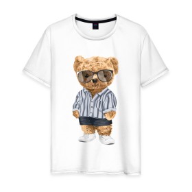 Мужская футболка хлопок с принтом Модный плюшевый медведь , 100% хлопок | прямой крой, круглый вырез горловины, длина до линии бедер, слегка спущенное плечо. | арт | животные | игрушка | картинка | крутой медведь | медведь | медвежонок | мишка | мода | модный медведь | плюшевый | плюшевый медведь | рисунок